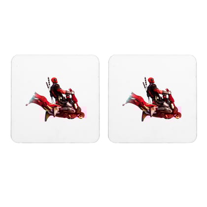 Multicolor Deadpool Flying On Iron Man Set Of 2 Square Wooden Coaster