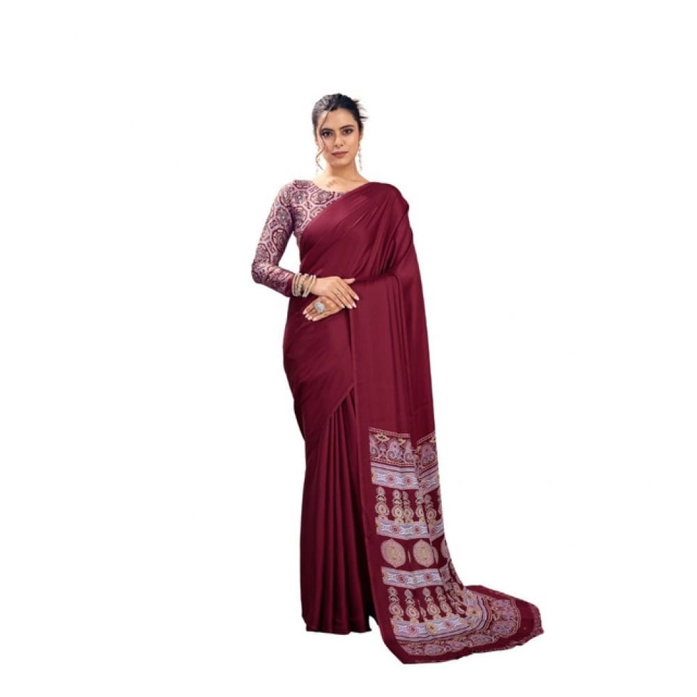 womens satin crepe printed saree with unstitched blouse 5mtr maroon pid64991
