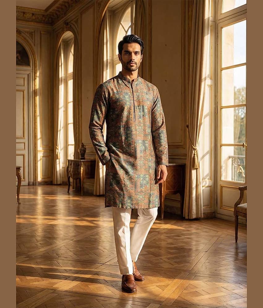 Ethnic Bay Blended Printed Regular Kurta For Men ( Blue )