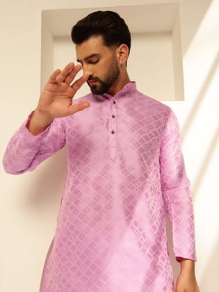 Men's Jacquard Silk Woven Motifs Lavender Long Kurta-36