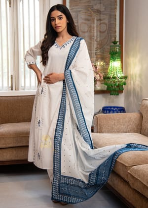 Ivory Azure Sprig Silk Suit-Set of 3-S