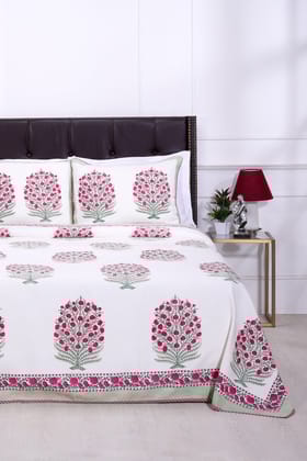 Rida Assort Phool Block Printed Pink Jacquard Bedcover-Double: 90 x 108 in / Pink / Pink