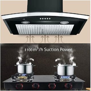 Ruwa 60cm 1100m3/hr Kitchen Chimney Model: Dove Black (Features Push Controls, Stainless Steel Baffle Filter, 3watts led Lights with Plastic Oil cup) with installation Kit