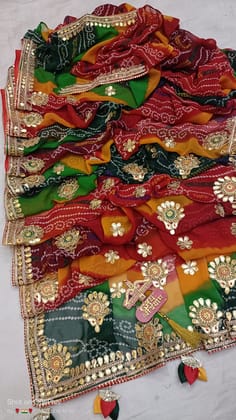 Moss Crepe Pachranga Bandhani Saree with Gota Patti & Kundan Work-Multicolour -2