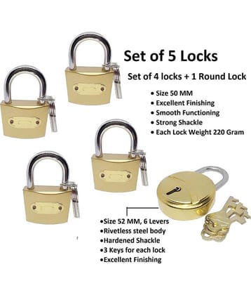 Unikkus Pack of 5 Locks for home, room and kitchen door and multi-purpose , 4 Locks Size 50 MM & 1 lock size 52 MM,  3 Keys for each lock