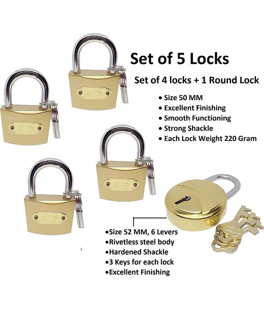 Unikkus Pack of 5 Locks for home, room and kitchen door and multi-purpose , 4 Locks Size 50 MM & 1 lock size 52 MM,  3 Keys for each lock