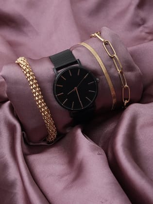 Black Analog Round Dial With Black Metal Strap Watch & Bracelets-Watch Combos