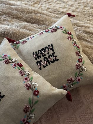 KRI India Bloom Happy Place Cushion Cover 16x16" | Jute beige with multicoloured embroidery | Wash & Care | 100% Cotton | Handcrafted in India. 100% organic & natural.
