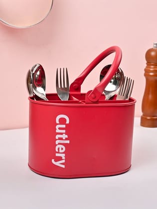 Red Metal Cutlery Holder with Handle for Kitchen Utensils