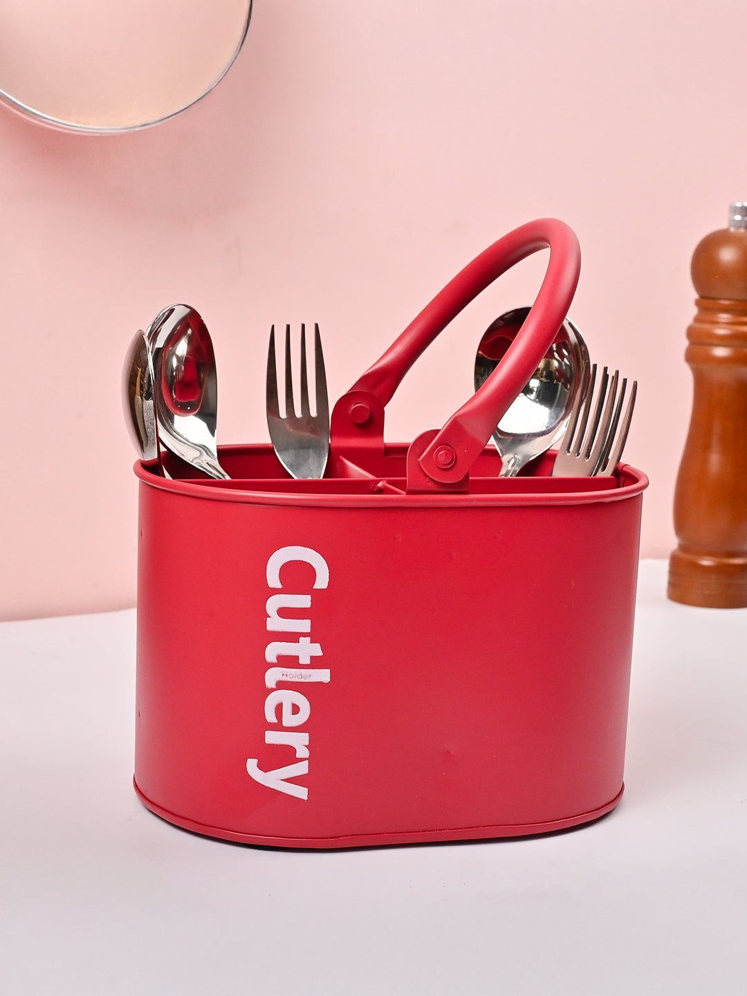 Red Metal Cutlery Holder with Handle for Kitchen Utensils