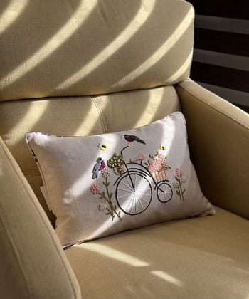 KRI India Bloom Cycle & Birds Cushion cover | Beige with multicoloured embroidery  | 12x18 inches  | Wash & Care | 100% Cotton | Handcrafted in India. 100% organic & natural.