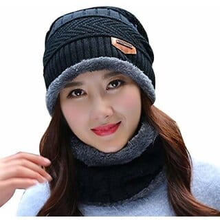 Eastern Club Women Black Woolen Winter Cap (Pack of 2)