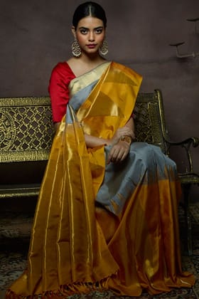 Classic Yellow and Grey Designer Soft Silk Printed Sari J-106