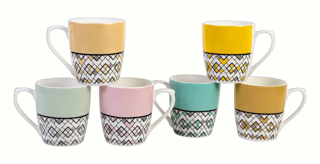 Femora Seamless Square Pattern Fine Bone China Tea Mugs, Ceramic Tea Cups, Coffee Mugs (160 ml) - 6 Pcs Set