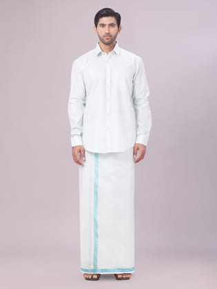 Mens Tissue Mint Blue Colour Dhoti Shirt Wedding Combo Maverick-36 / F/S / Mint Blue