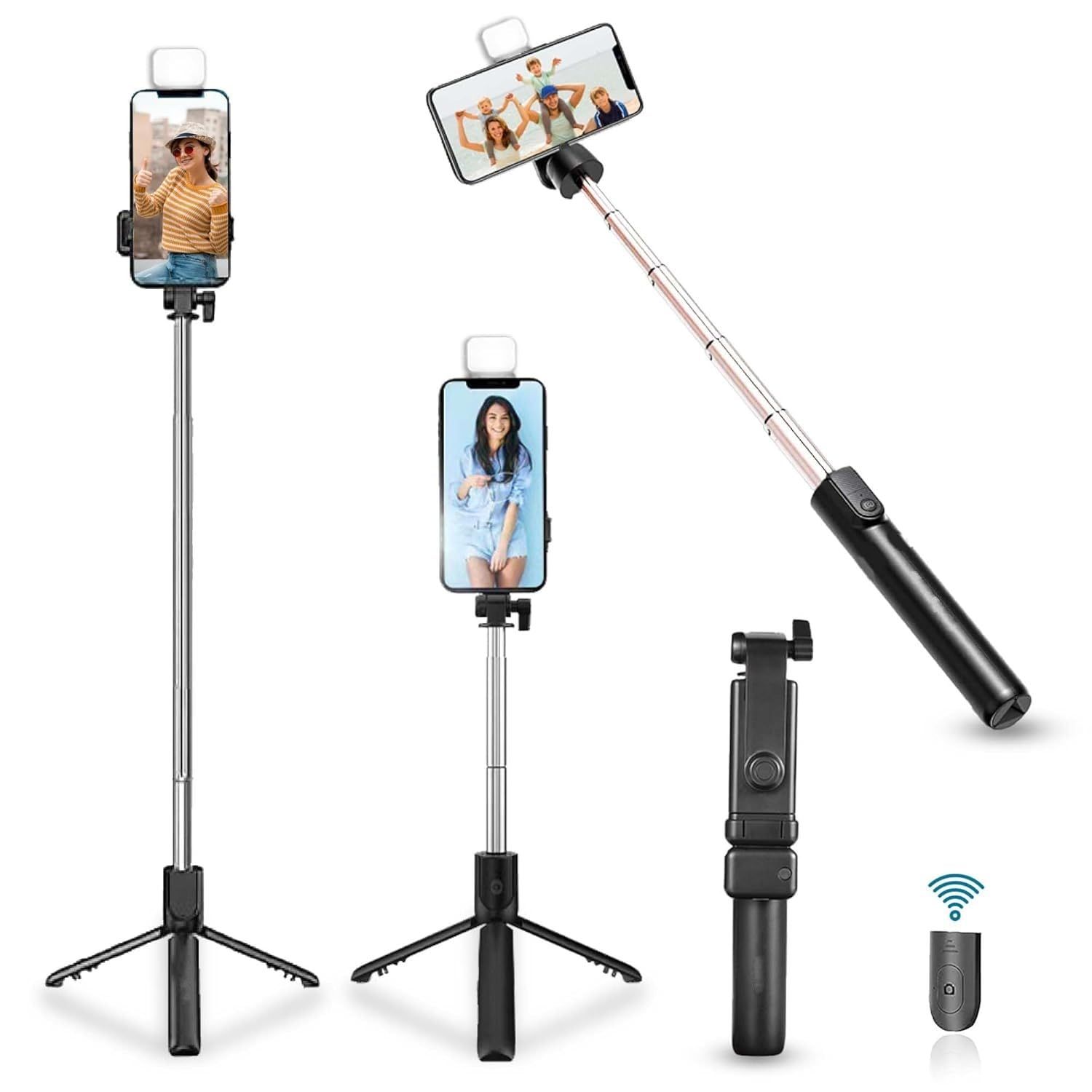 HOLD UP Selfie Stick with Tripod Stand, 3 in 1 Multifunctional Design, Rechargable LED Light with Two Brighness Levels for Make up, Selfie, Vlogging & Photo Shoot, Selfie Stick with Bluetooth Remote HOLD UP Selfie Stick with Tripod Stand, 3 in 1 Multifun