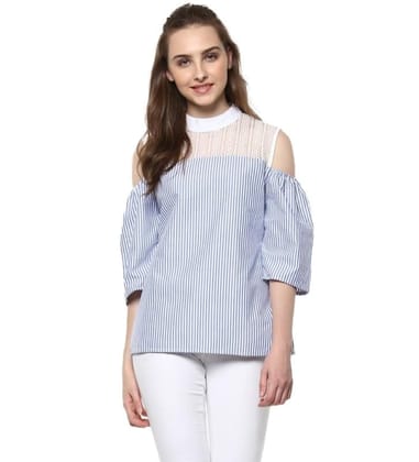 Women's Cotton Striped Cold Shoulder Top (Blue, S)-PID55880 Women's Cotton Striped Cold Shoulder Top (Blue, S)-PID55880