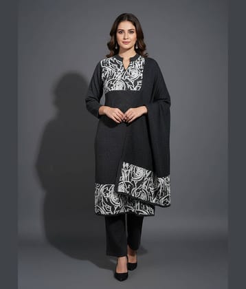 WOOL'S KART Women Woollen Printed A-line Kurti With Palazzo ( Black )