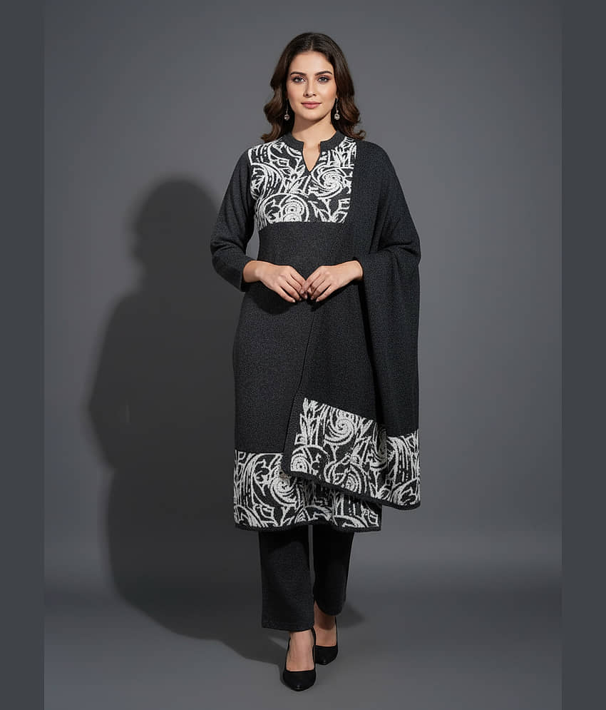 WOOL'S KART Women Woollen Printed A-line Kurti With Palazzo ( Black )