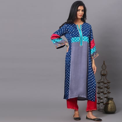 Color block bandhani print kurta set-XS