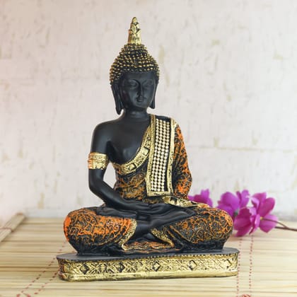 Polyresin Orange and Black Meditating Buddha Statue-Orange