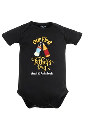 Our First Father's Day Baby Romper | Onesies w/ Custom Name-Black / Baby Romper / 0-3 Months