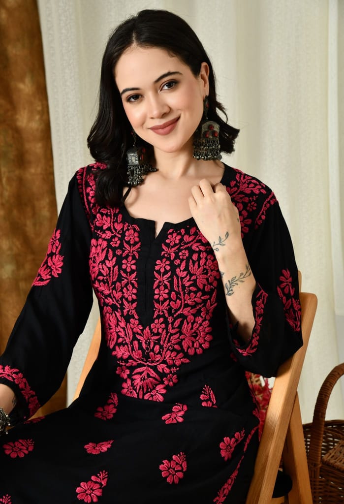 Black Kurta with Intricate Chikankari Work - Pink