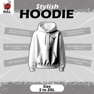Bull Clothing Mens Side Logo Plain Oversized Cotton White Hoodie  Premium Comfort  Streetwear Style (XL)