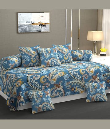 SHOMES Cotton Floral Diwan Set 8 Pcs - Blue