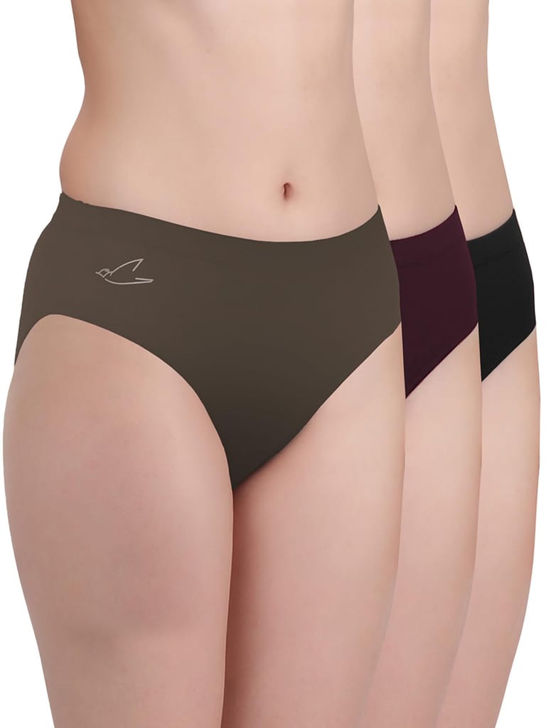 Freecultr Women’s Micromodal Mid-Rise Hipster | Super Soft & Breathable Fabric | Medium Rear Coverage | Comfortable Stretch Elastic | Pack of 3  |Color - Port Wine,Sable Black,Coffee