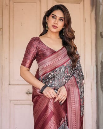 Black and Red Banarasi Silk Saree with Geometric Print and Rich Zari Border-Regular