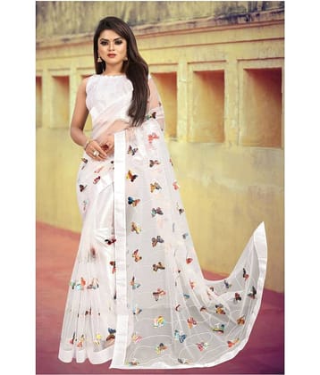Gazal Fashions Net Applique Saree With Unstitched Blouse Piece ( White )