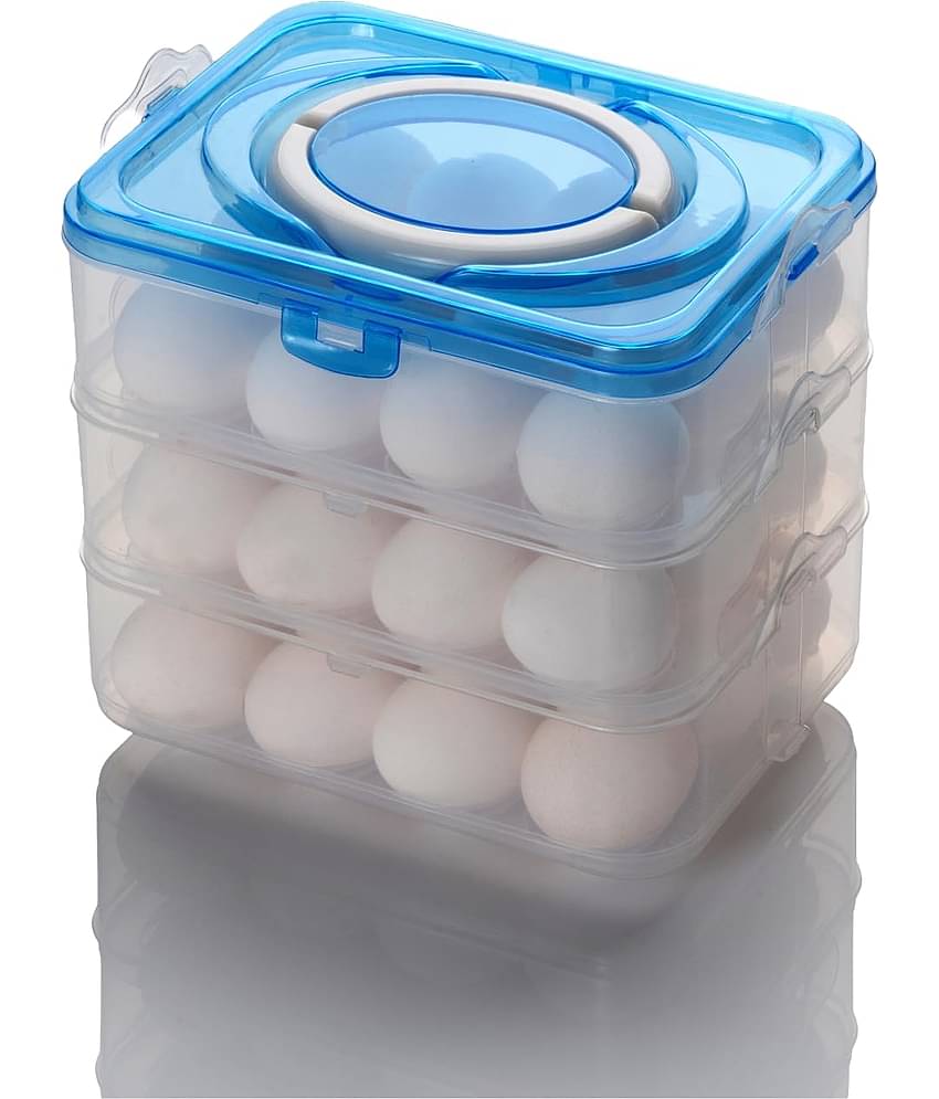 Egg Storage Box - Egg Refrigerator Storage Tray Stackable ABS Plastic Egg Storage Containers for Fridge and Kitchen Egg storage basket with Carry Holder (3 Layer - BLUE - 36 Egg)