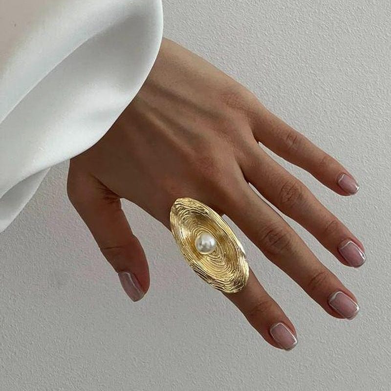 Oval Beaten Finish Pearl 18K Gold Plated Free Size Ring For Women