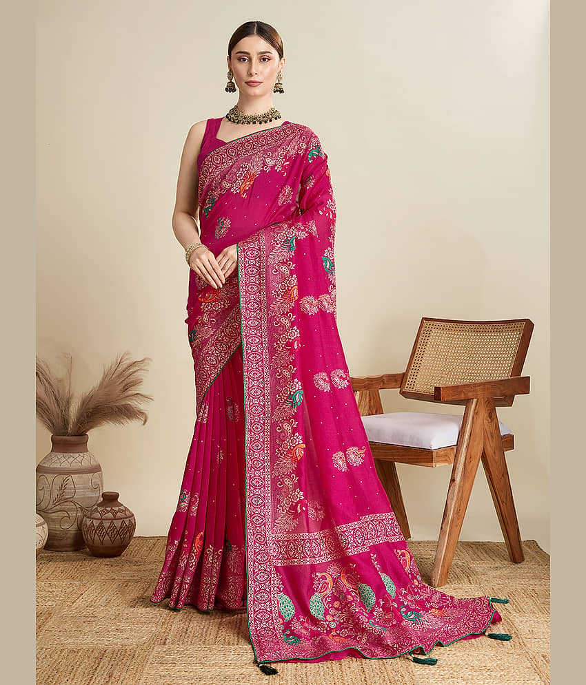 Nayanthara Trends Cotton Silk Printed Saree With Unstitched Blouse Piece ( Pink )