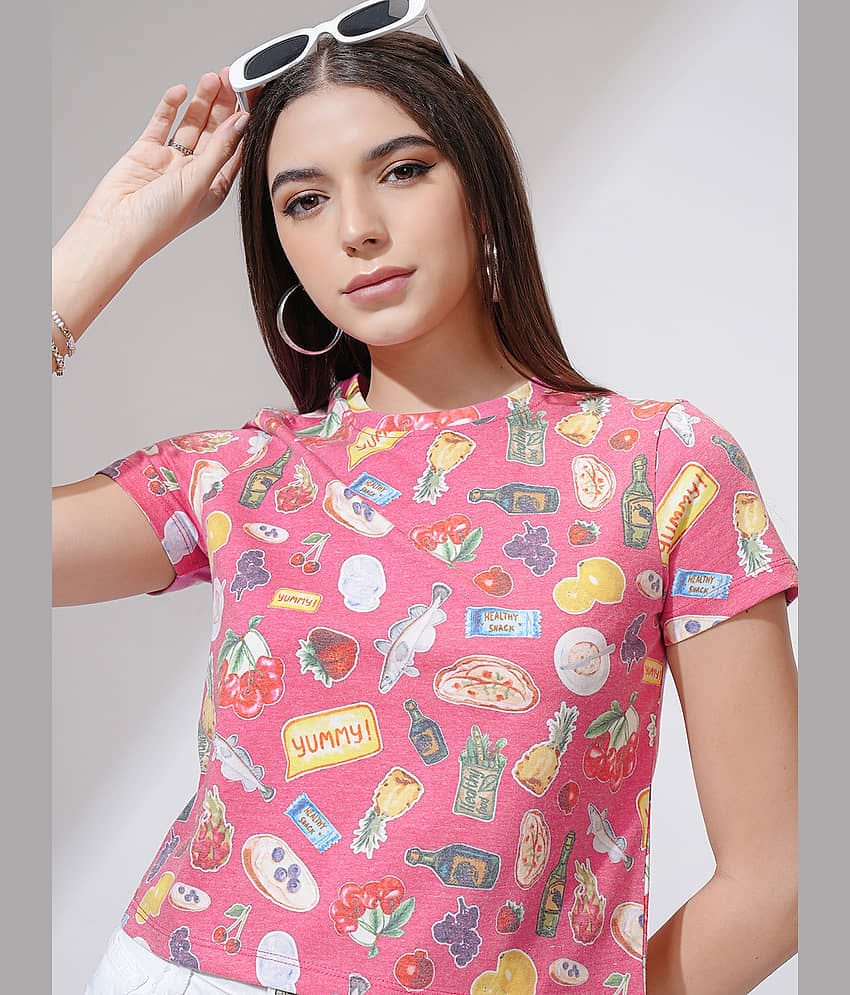 Tokyo Talkies Women Poly Cotton Regular Fit Round Neck T-Shirt ( Pink )