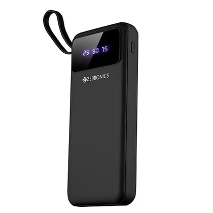 ZEBRONICS MB10000S6 (V1) Power Bank, 10000 mAh, 12W, 5 x Outputs - Dual USB A | Type C | Micro USB | Lightning, Built in I/O Cables, Percentage Display, Carry Loop, Made in India (Black)