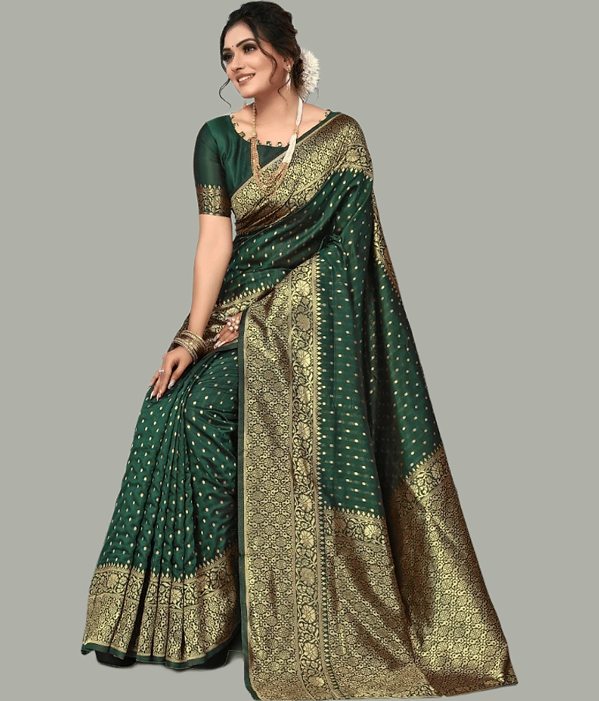 GARIYA Banarasi Silk Embellished Saree With Unstitched Blouse Piece ( Green )