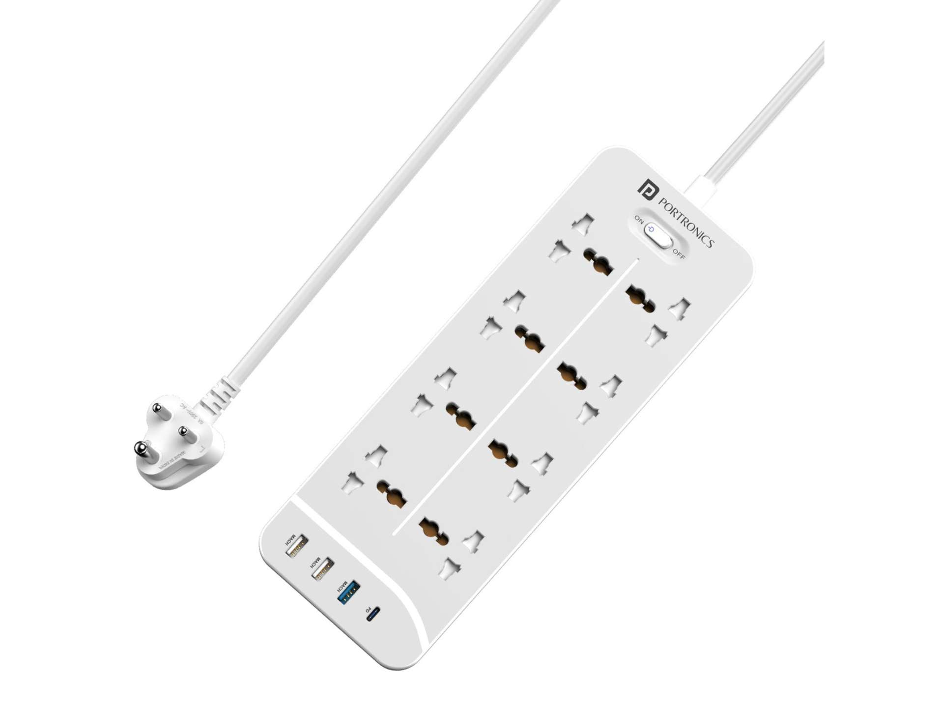 Portronics Power Plate 23 8 Universal Sockets, 18W USB MACH, 20W Type-C Fast Charging, 12W USB Charging