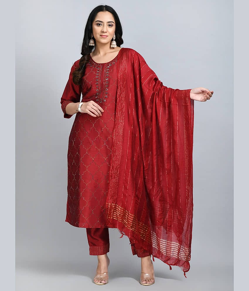 Desinoor - Maroon Straight Silk Blend Women's Stitched Salwar Suit ( Pack of 1 )