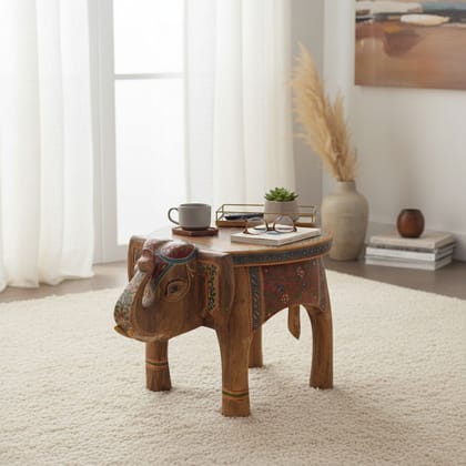 Elephant Hand-Painted Round Wood Coffee Table
