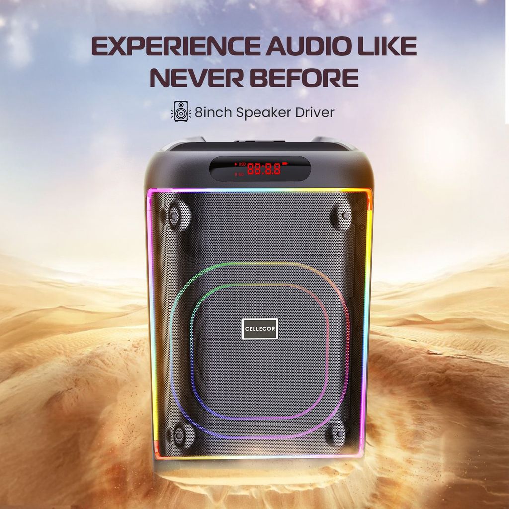 CELLECOR CBS-06 Boom Box | 8" Speaker Driver | BT v5.3 | SD Card Support | Wireless Microphone - Black