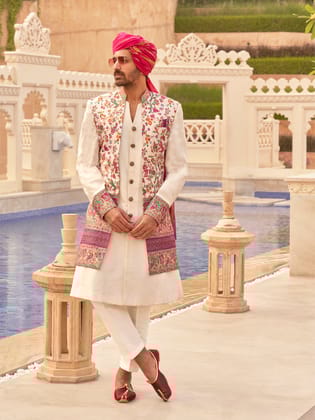 White Printed Men Kurta set with Zari Work Coat