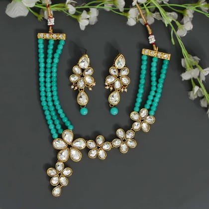 Rama Green Color Kundan Necklace Set-Adjustable rope / Green / Necklace Length: 30.00 CM x Width: 2.50 CM