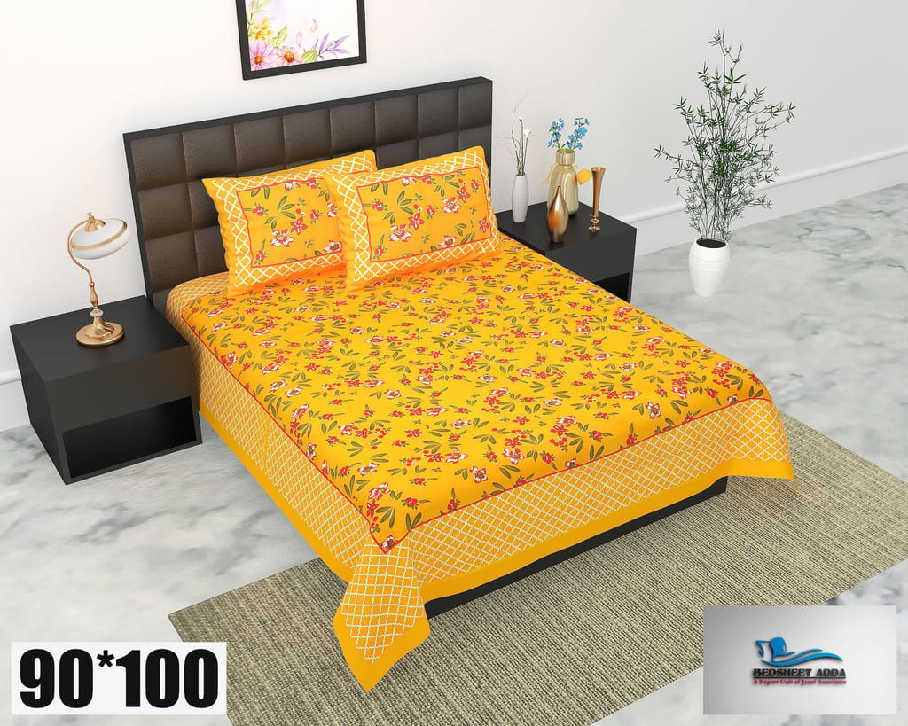 2001-Bedsheet Adda-Pure Cotton Jaipuri Printed Double Bedsheet With 2 Pillow Covers-New Novelle-Yellow