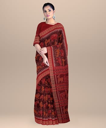 Maroon Red cotton Handloom Sambalpuri Saree
