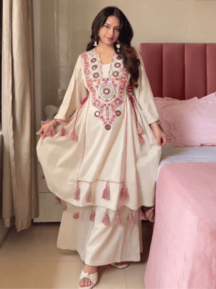 Boho Off-White Khadi Mirror Work Set-XS