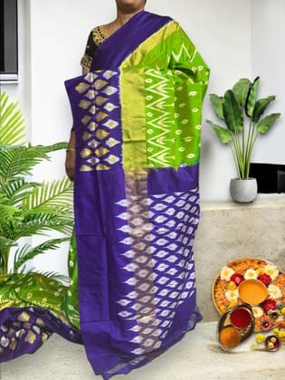 Pure Pochampally Ikkat Silk Green Lavender Sari