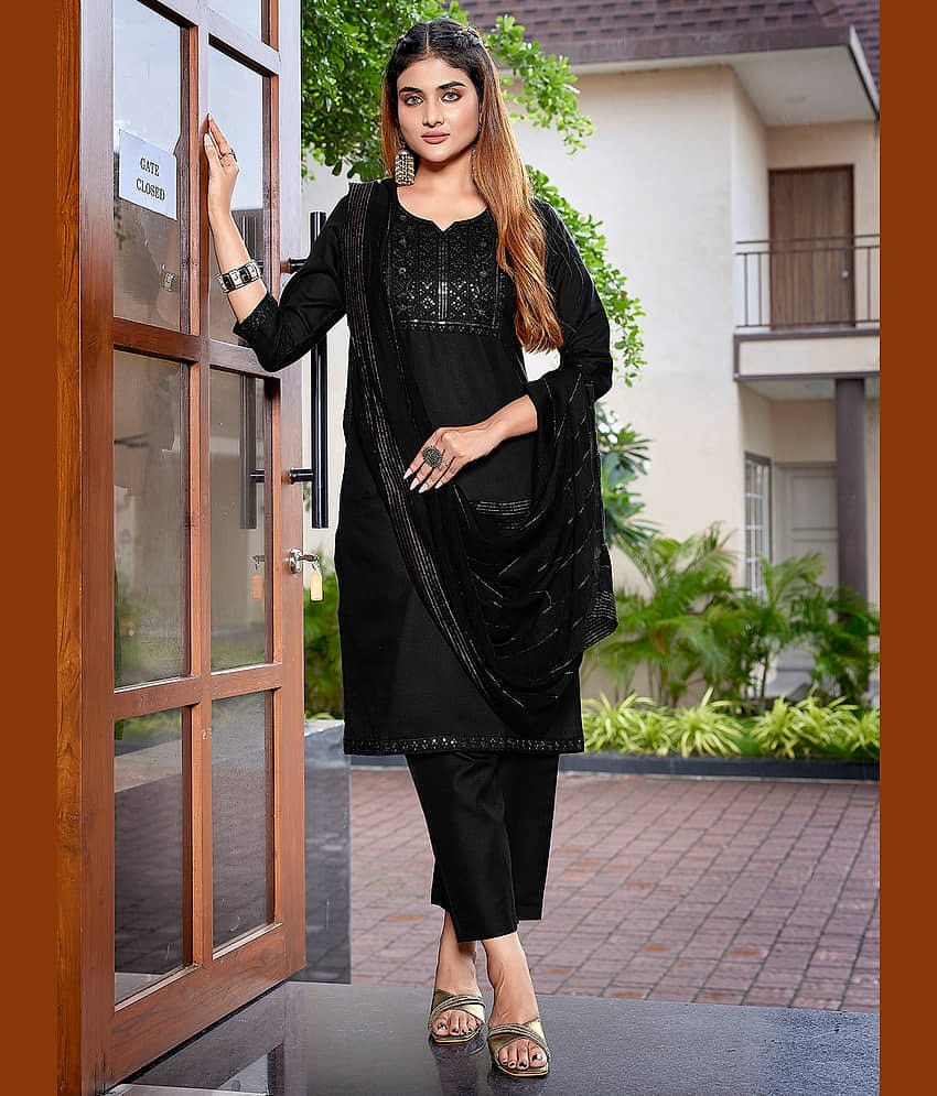 Royal Export Cotton Blend Embellished Kurti With Pants Women's Stitched Salwar Suit - Black ( Pack of 1 )