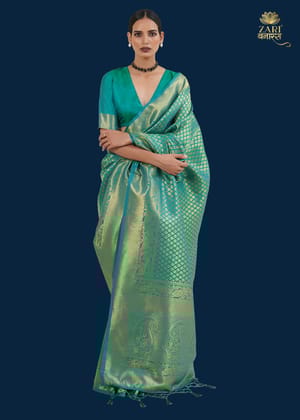 Royal Princess Golden Jade Green Woven Kanjivaram Saree